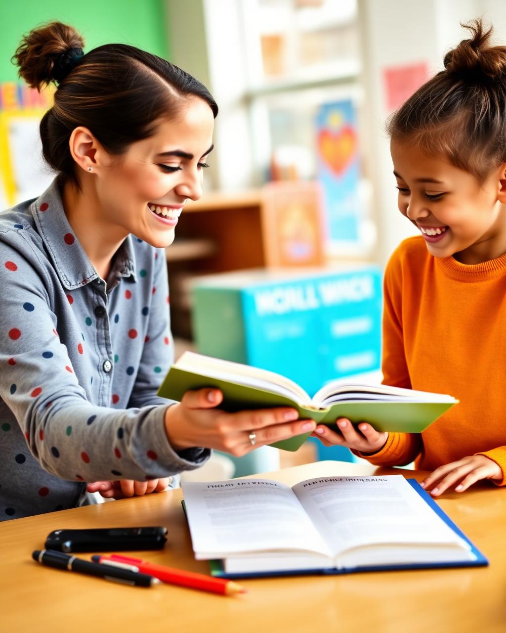 Professora de inglês interagindo com alunos durante a aula
