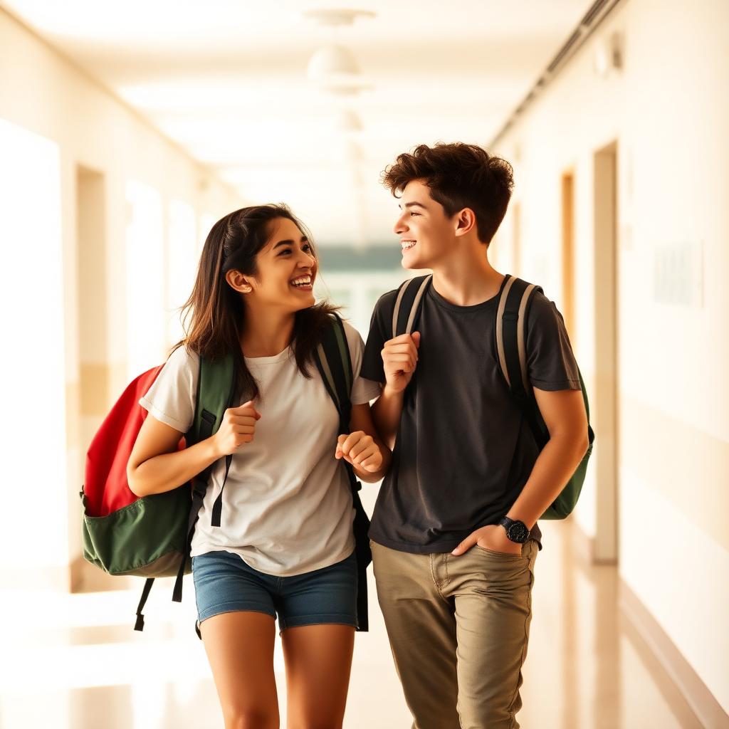 Dois adolescentes conversando e sorrindo no corredor da escola